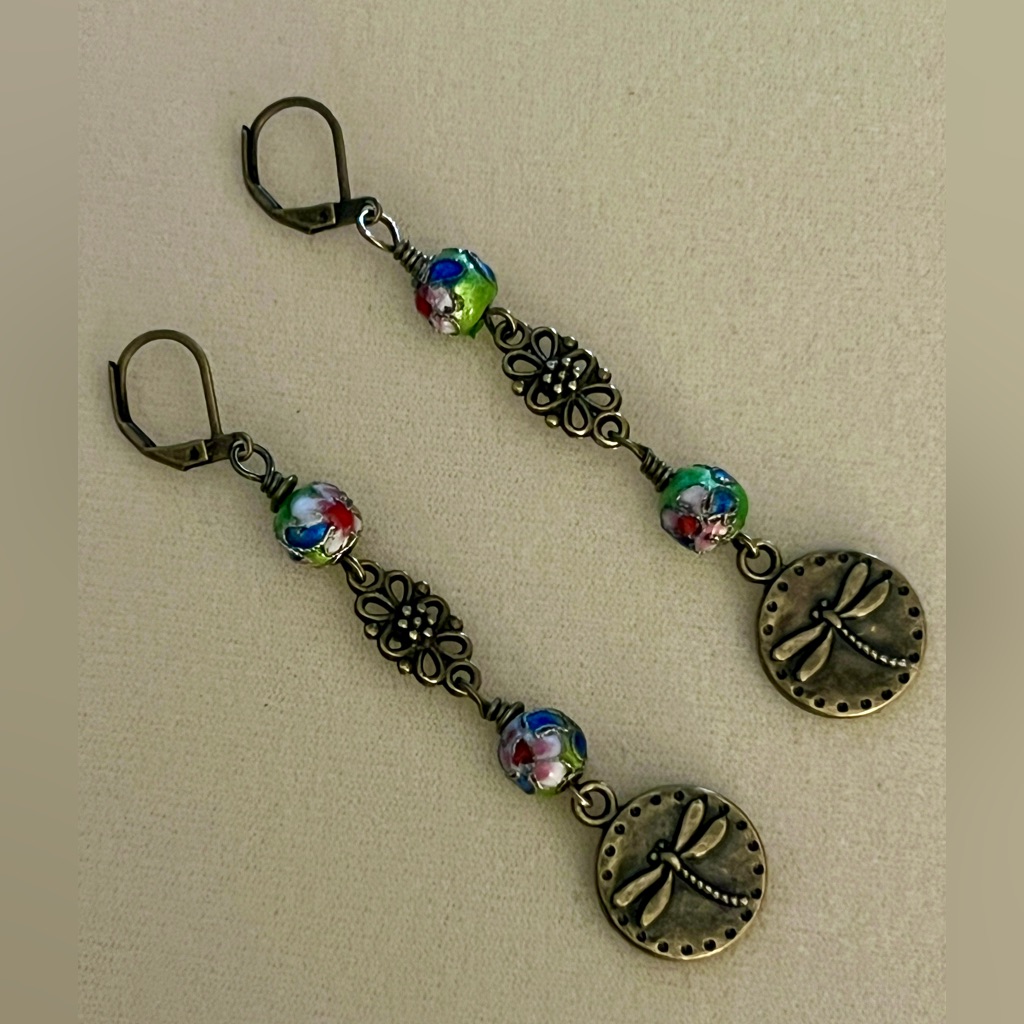 New Pretty Bronze Dragonfly & Green Cloisonn Earrings
